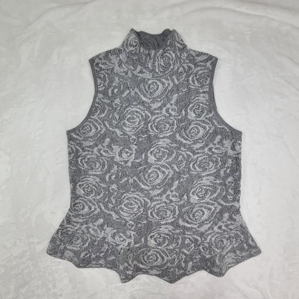 White House Black Market Grey Rose Jacquard Mock Neck Peplum Knit Top WHBM L